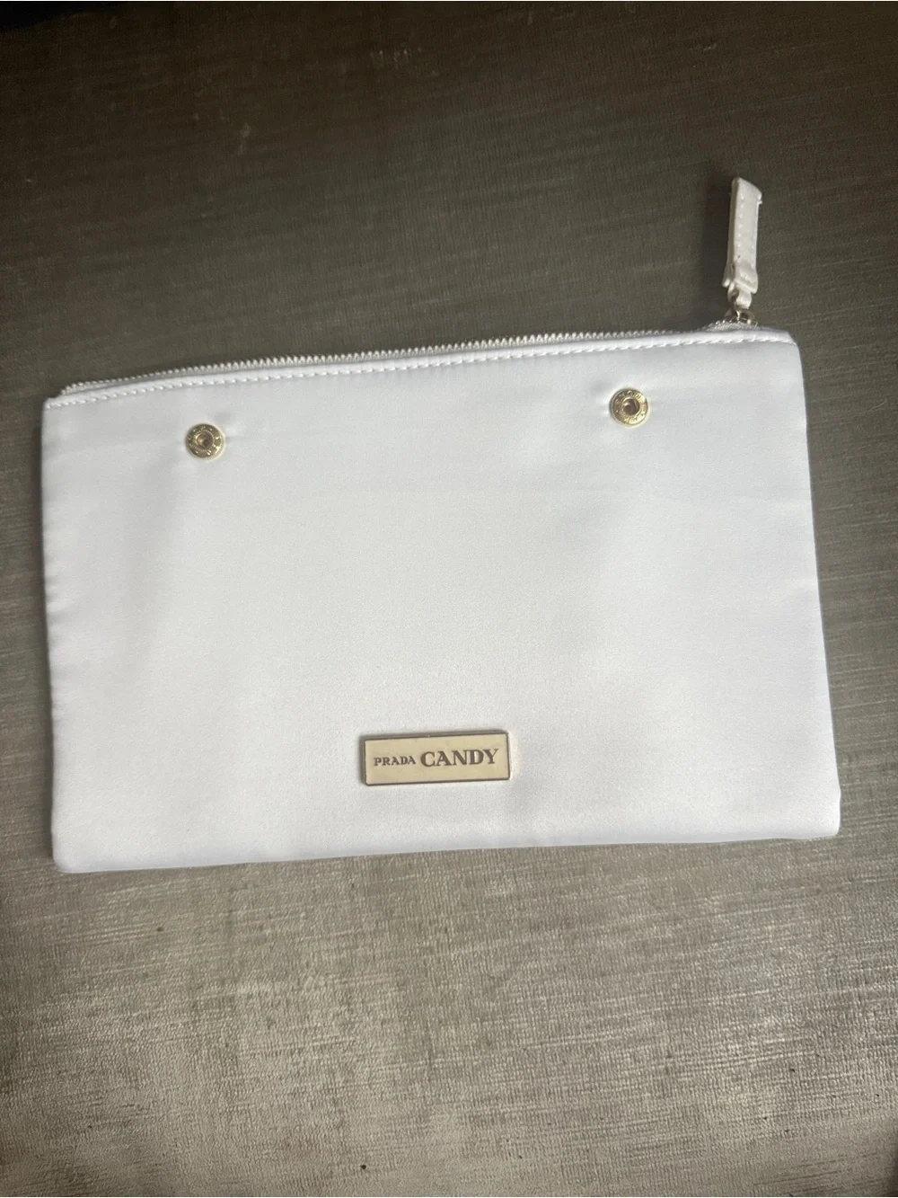 Prada Candy White Double Envelope Zip Pouch Set Clutch Satin Makeup Bag Travel